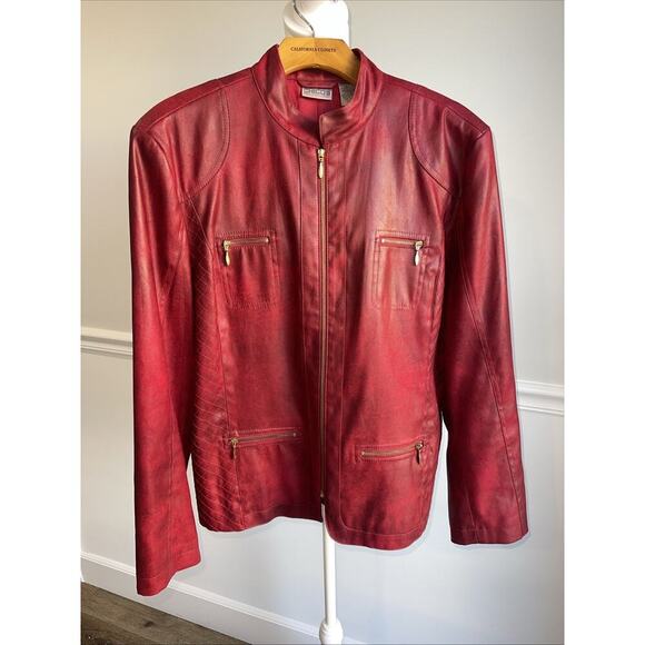 Chicos Sz L (2) Red Faux Full Zip Jacket Light Weight Pockets Lined Gold Holiday - Picture 1 of 8